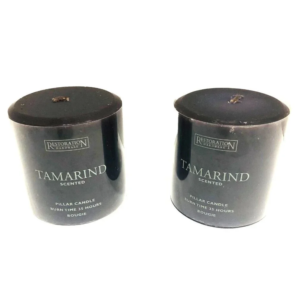 Restoration Hardware Purple Tamarind Wax Pillar Candle Set of 2 NEW Single Wick